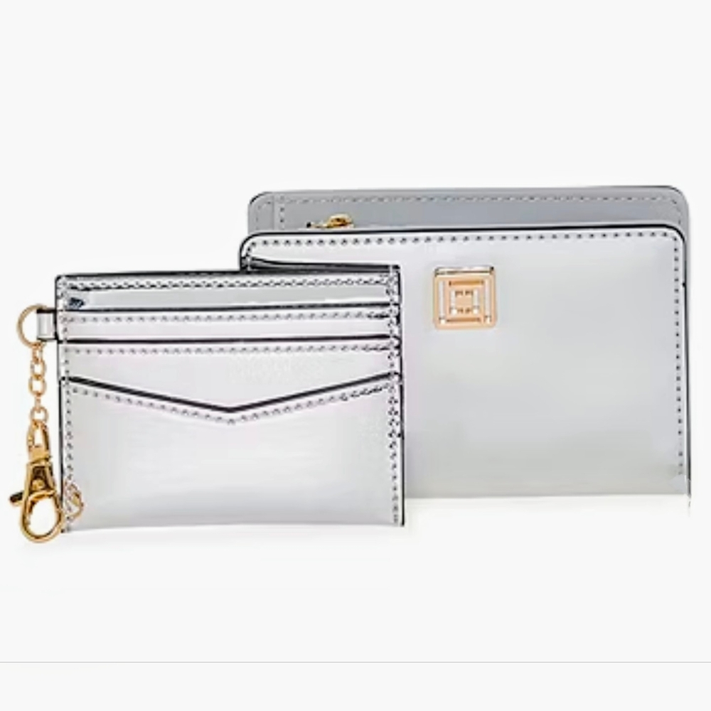 🆕 LIZ CLAIBORNE 2 Pc Wallet And Card HolderSilver Metallic